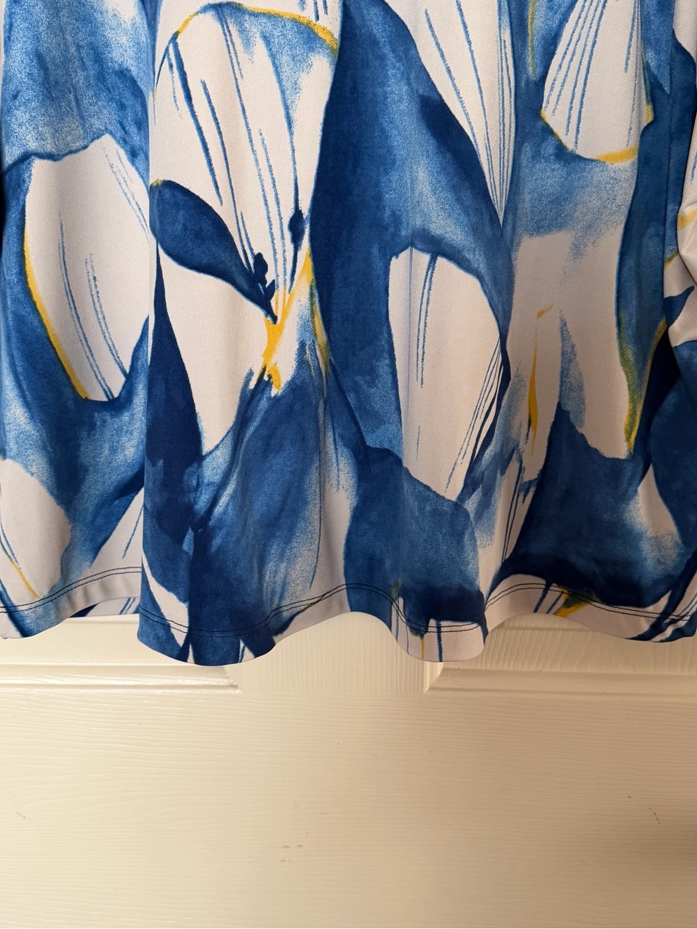Sympli Blue Abstract V-Neck Ruffle Front Top - Picture 9 of 10